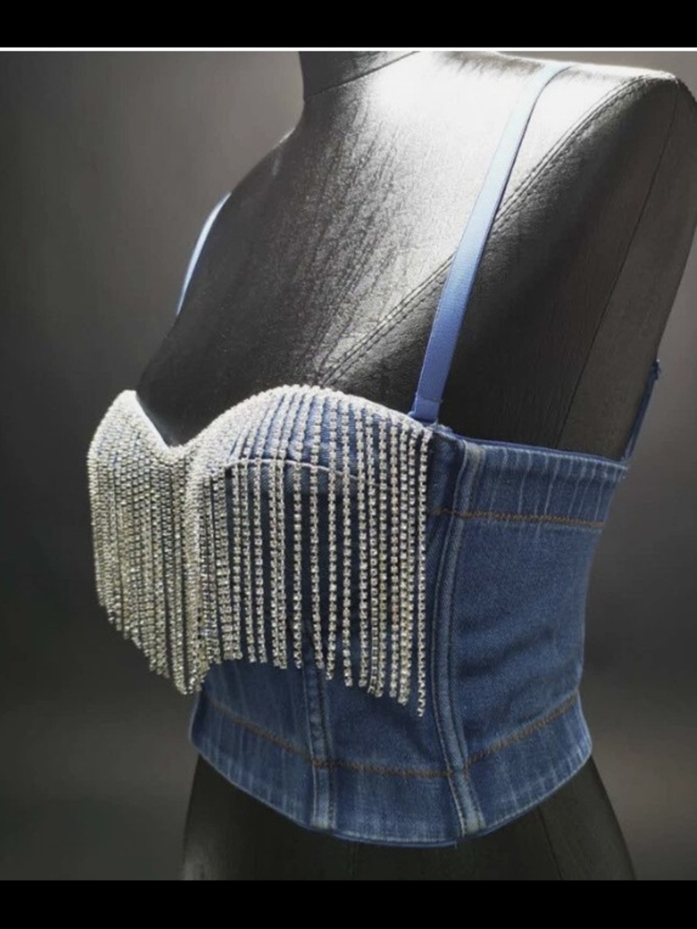 Bustier - Unbranded Denim Corset w/ Rhinestone fringe - Size M - Picture 2 of 12